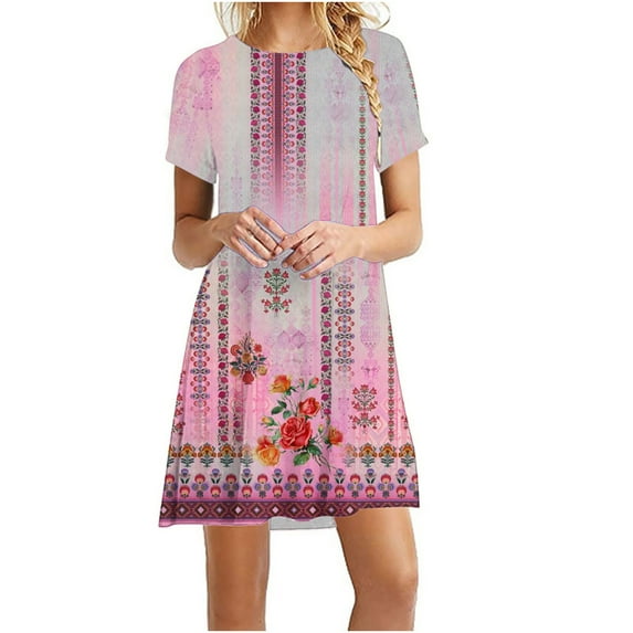 Wycnly Dresses for Women Vintage Plus Size Loose Swing Tunic Tshirt Short Dresses Crewneck Short Sleeve Flowers Print Summer Mini Formal Dress Red l