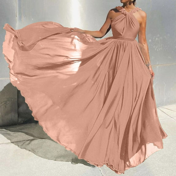 Wycnly Dresses for Women Wedding Guest Party Empire Waist Flowy Swing Formal Maxi Dresses Sleeveless Halter Solid Summer Long Formal Dress Beige XL