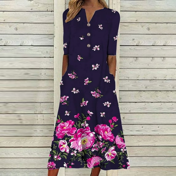 Wycnly Formal Dresses for Women Beach Button Down Loose Pocket Swing Tunic Long Sun Dress V-Neck Elbow-Length Butterfly Print Summer Maxi Dresses Hot Pink S Clothes