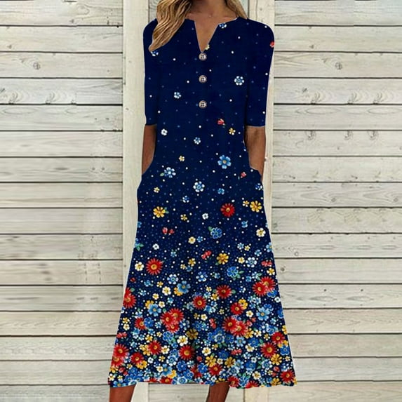 Wycnly Formal Dresses for Women Beach Button Down Loose Pocket Swing Tunic Long Sun Dress V-Neck Elbow-Length Butterfly Print Summer Maxi Dresses Red XL Clothes