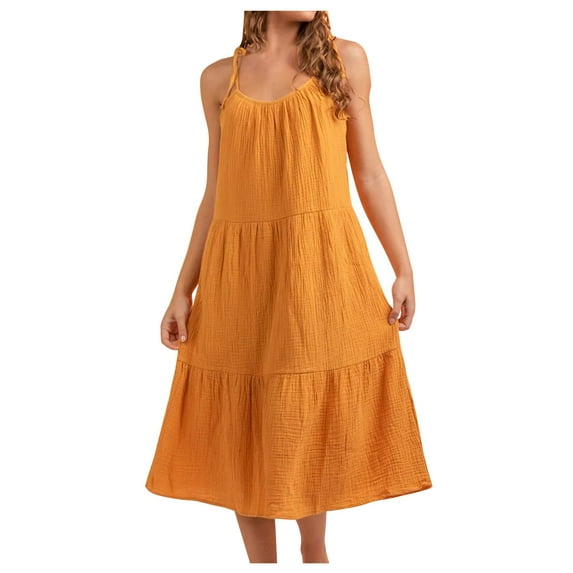 Wycnly Formal Dresses for Women Beach Casual Loose Flowy Ruffle Swing Spaghetti Strap Sundress Round Neck Sleeveless Solid 2024 Summer Long Dress Yellow s