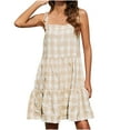 thumbnail image 1 of Wycnly Formal Dresses for Women Beach Casual Loose Spaghetti Strap Ruffle Swing Mini Dress Square Neck Sleeveless Plaid Print 2024 Summer Short Dresses Beige l Clearance Under $5, 1 of 5