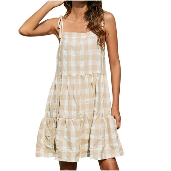 Wycnly Formal Dresses for Women Beach Casual Loose Spaghetti Strap Ruffle Swing Mini Dress Square Neck Sleeveless Plaid Print 2024 Summer Short Dresses Beige l Clearance Under $5