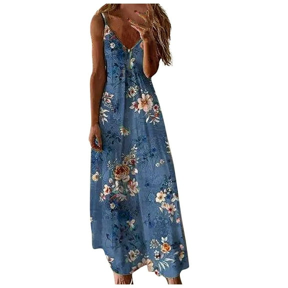 Wycnly Formal Dresses for Women Beach High Waist Hem Swing Spaghetti Strap Long Sundress V-Neck Sleeveless Striped Print 2024 Summer Maxi Dress Blue m