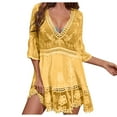 thumbnail image 1 of Wycnly Formal Dresses for Women Beach Holiday Loose Lace Patchwork Cover Ups Mini Dresses Elbow-Length V-Neck Solid 2025 Summer Short Dress Yellow Free Size, 1 of 5