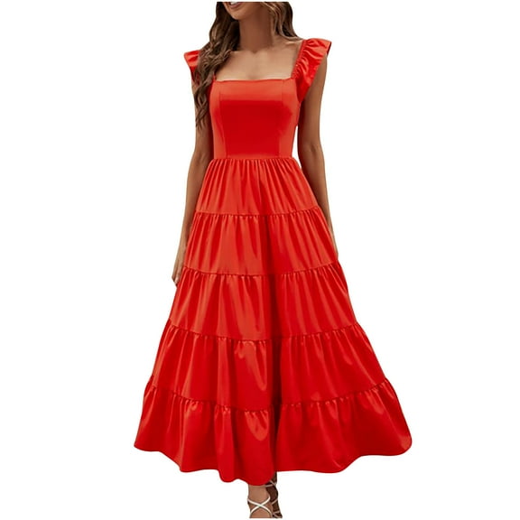 Wycnly Formal Dresses for Women Beach Party Ruffle Sleeve Empire Waist Flowy Swing Long Sundress Square Neck Sleeveless Polka Dot Print 2024 Summer Maxi Dress Red s