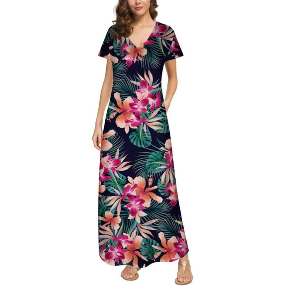 Wycnly Formal Dresses for Women Beach Plus Size Hem Swing Tunic Pocket Long Sun Dress V-Neck Short Sleeve Floral Print Summer Maxi Dresses Blue XXXL Clothes