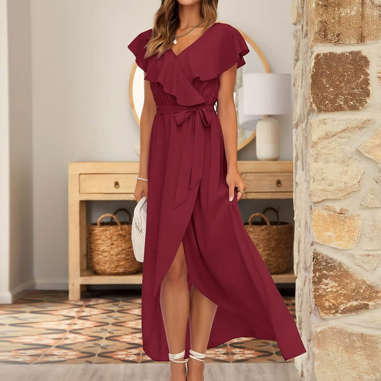Wycnly Formal Dresses for Women Beach Ruffle Layer Irregular Swing Tie  Waist Chiffon Dress V-Neck Short Sleeve Solid Summer Maxi Dresses Red M