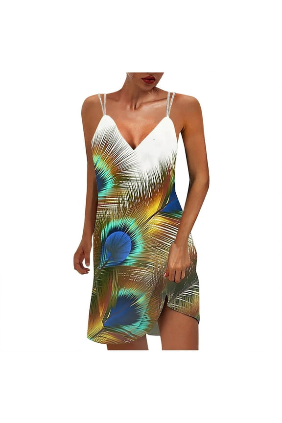 Formal Dresses for Women Beach Slim Spaghetti Strap Tunic Mini Sun Dress V-Neck Sleeveless Feather Print 2025 Summer Short Dresses Green l Clothes