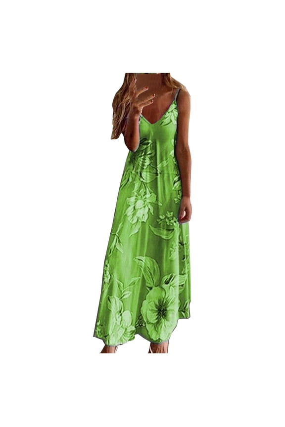 Formal Dresses for Women Beach Spaghetti Strap High Waist Swing Cami Long Sundress V-Neck Sleeveless Floral Print 2025 Summer Maxi Dress Green XL