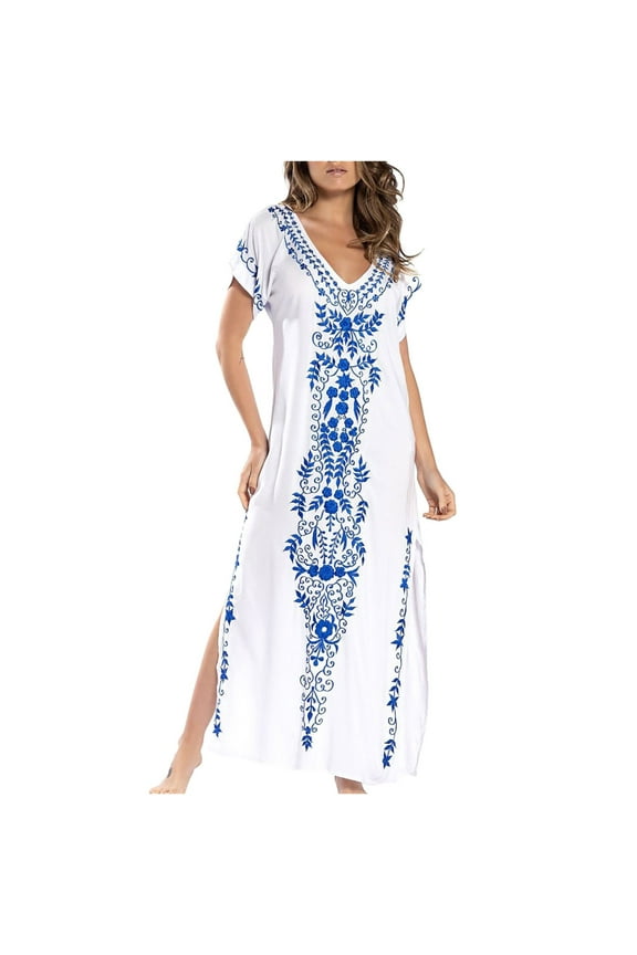 Formal Dresses for Women Beach Vacation Vintage Bohemian Side Slit Loose Tunic Long Sundress V-Neck Short Sleeve Ethnic Style Print 2024 Summer Maxi Dress White XXL