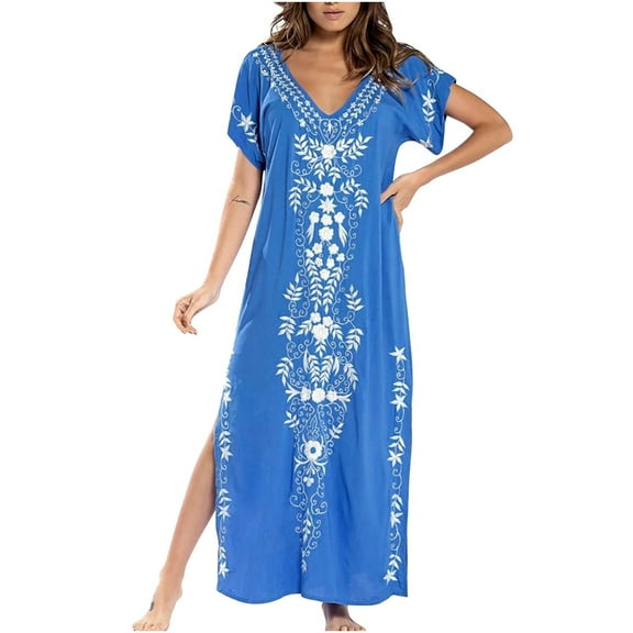 Wycnly Formal Dresses for Women Beach Vacation Vintage Bohemian Side Slit Loose Tunic Long Sundress V-Neck Short Sleeve Ethnic Style Print 2024 Summer Maxi Dress Sky Blue XL