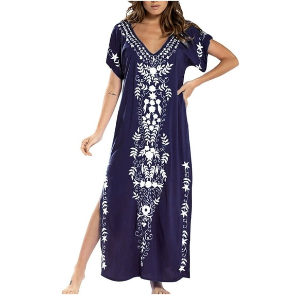 Wycnly Formal Dresses for Women Beach Vacation Vintage Bohemian Side Slit Loose Tunic Long Sundress V-Neck Short Sleeve Ethnic Style Print 2024 Summer Maxi Dress Navy XXL