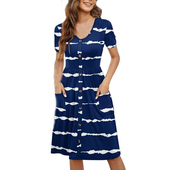Wycnly Formal Dresses for Women Button Down Elastic Waist Beach Pocket Knee-Length A-line Dress V-Neck Short Sleeve Striped Print Summer Midi Dresses Blue M