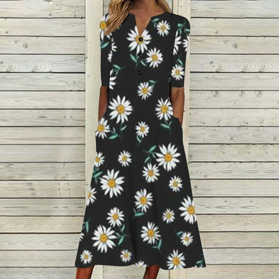 Wycnly Formal Dresses for Women Button Down Hem Swing Pocket Tunic Tshirt Long Dress V-Neck Elbow-Length Daisy Print Summer Maxi Dresses Black L Clearance Clothes