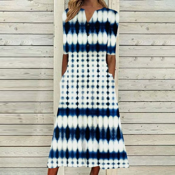 Wycnly Formal Dresses for Women Button Down Hem Swing Pocket Tunic Tshirt Long Dress V-Neck Elbow-Length Daisy Print Summer Maxi Dresses Blue L Clothes