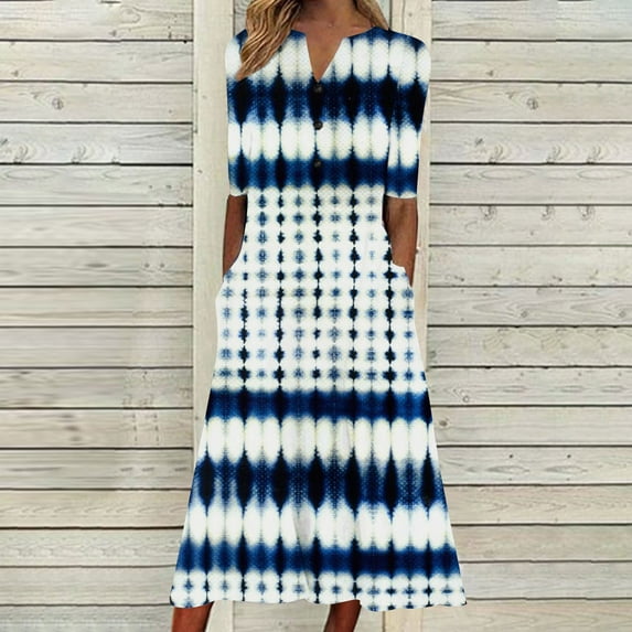 Wycnly Formal Dresses for Women Button Down Hem Swing Pocket Tunic Tshirt Long Dress V-Neck Elbow-Length Daisy Print Summer Maxi Dresses Blue M Clearance Clothes