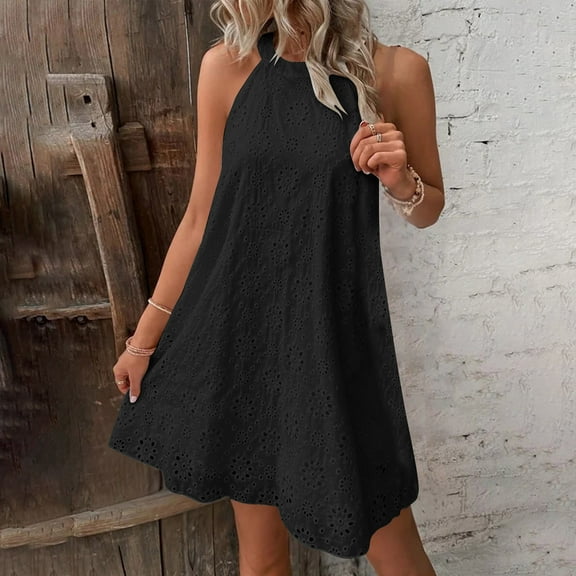 Wycnly Formal Dresses for Women Casual Plus Size Swing off Shoulder Lace Hollow out Mini Dresses Sleeveless Halter Solid 2025 Summer Short Dress Black XL