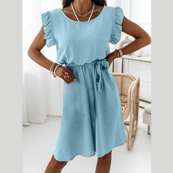 Wycnly Formal Dresses for Women Casual Ruffle Sleeve Elastic Waist Swing Mini Dresses with Tie Sleeveless Round Neck Solid 2024 Summer Short Dress Light Blue m