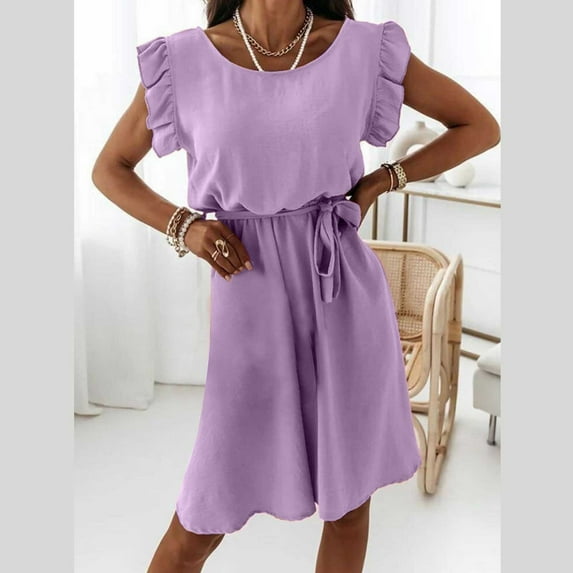 Wycnly Formal Dresses for Women Casual Ruffle Sleeve Elastic Waist Swing Mini Dresses with Tie Sleeveless Round Neck Solid 2024 Summer Short Dress Purple XXL