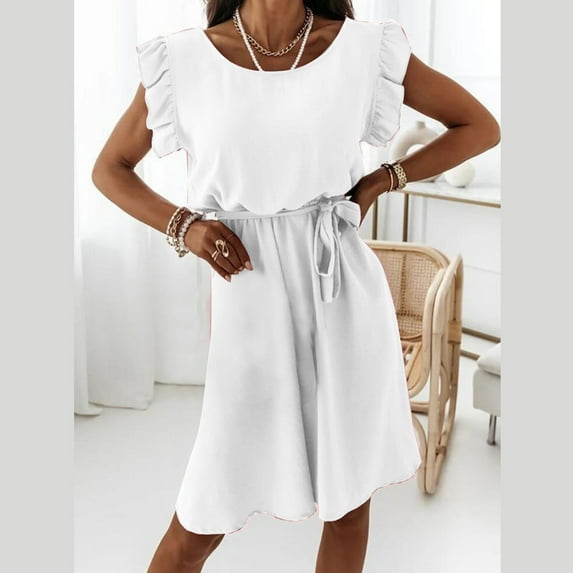 Wycnly Formal Dresses for Women Casual Ruffle Sleeve Elastic Waist Swing Mini Dresses with Tie Sleeveless Round Neck Solid 2024 Summer Short Dress White XXXL