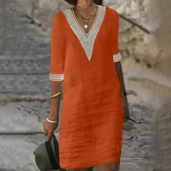 Wycnly Formal Dresses for Women Casual Solid Lace Trim Plus Size Cotton Line Knee-Length Dresses Elbow-Length V-Neck Plain 2024 Summer Midi Dress Orange s