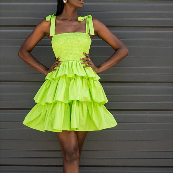 Usmixi Womens Dresses Elastic Waist Flowy Ruffle Layer Swing Strap Party Formal Mini Dresses Sleeveless One Line Neck Solid Short Summer Dress Green S Clearance Clothes
