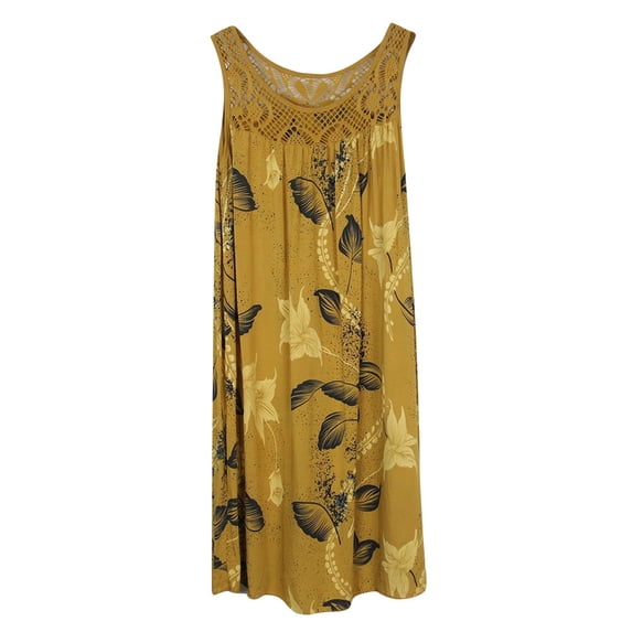 Wycnly Formal Dresses for Women Elegant Lace Patchwork Plus Size Beach Tank Mini Sun Dress Round Neck Sleeveless Leaves Print 2024 Summer Short Dresses Yellow xl