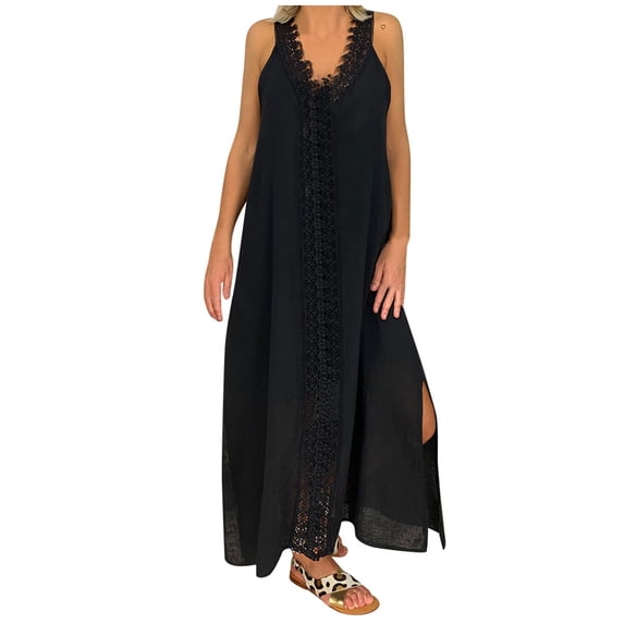 Wycnly Formal Dresses for Women Elegant Lace Patchwork Plus Size Cotton Linen Swing Tank Maxi Dresses V-Neck Sleeveless Solid 2024 Summer Long Dress Black XXXXXL
