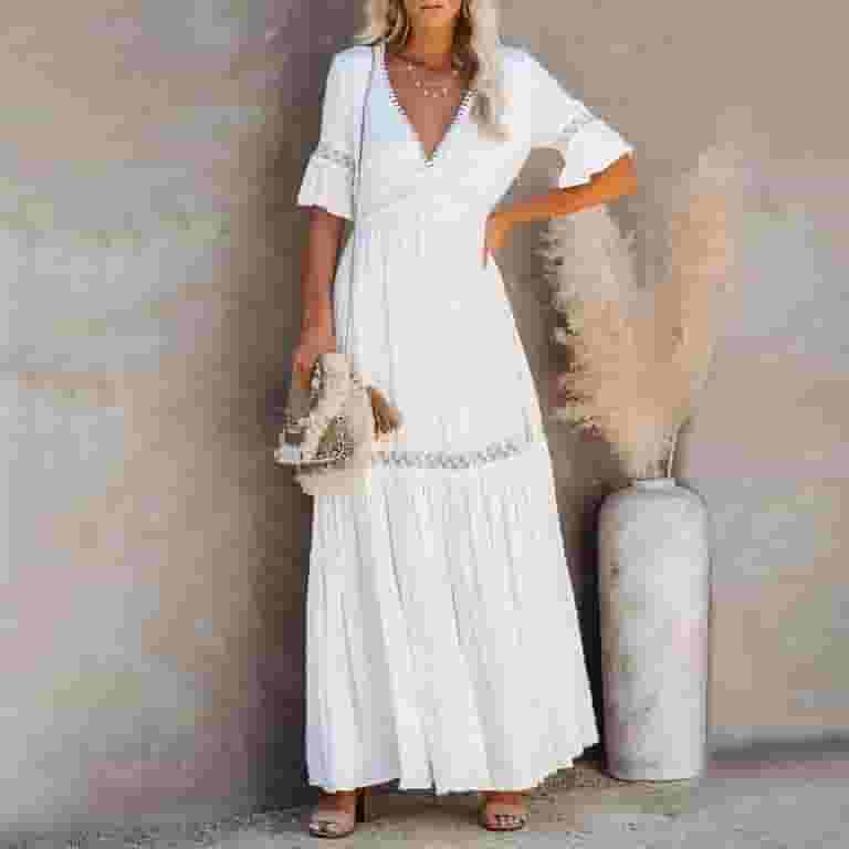 Elegant Solid Lace Pocket V Neck A Line Dresses Elegant Solid Lace Pocket V Neck A Line Dresses
