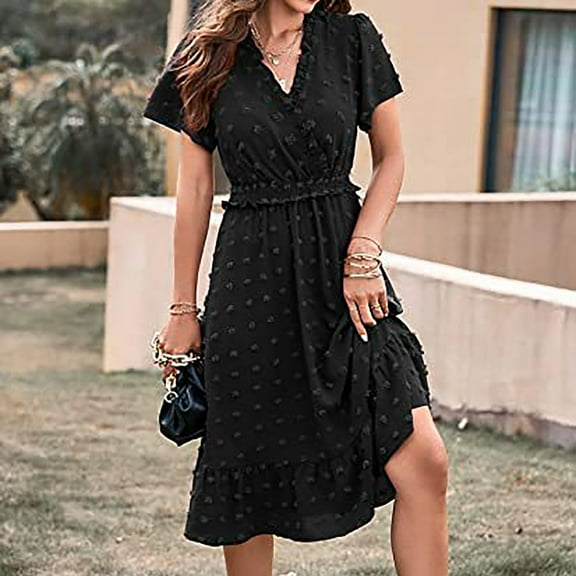 Wycnly Formal Dresses for Women Empire Waist Beach Lightweight Chiffon Jacquard Sun Dress V-Neck Short Sleeve Solid Summer Midi Dresses Black M Clothes