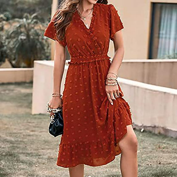 Wycnly Formal Dresses for Women Empire Waist Beach Lightweight Chiffon Jacquard Sun Dress V-Neck Short Sleeve Solid Summer Midi Dresses Orange L Clearance Clothes