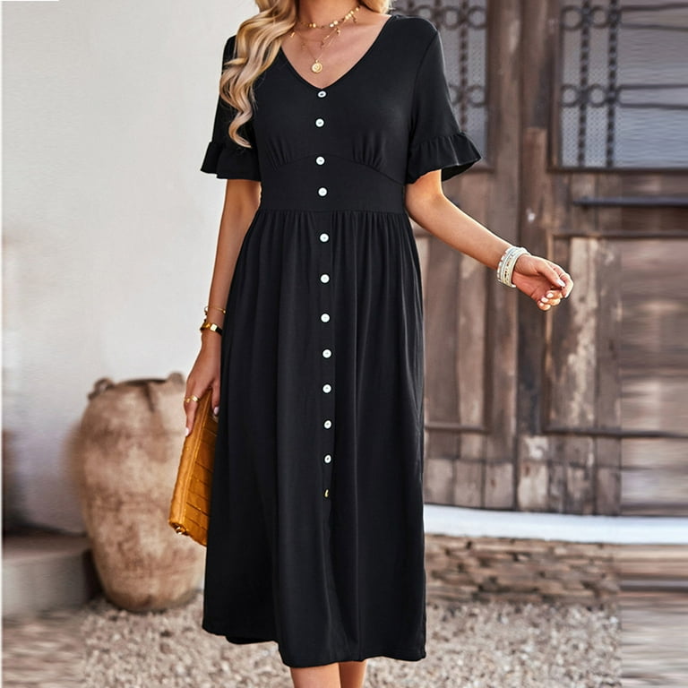 Wycnly Formal Dresses for Women Empire Waist Button Down Swing A Line Beach  Dress V-Neck Short Sleeve Solid Summer Long Dresses Black M Clearance