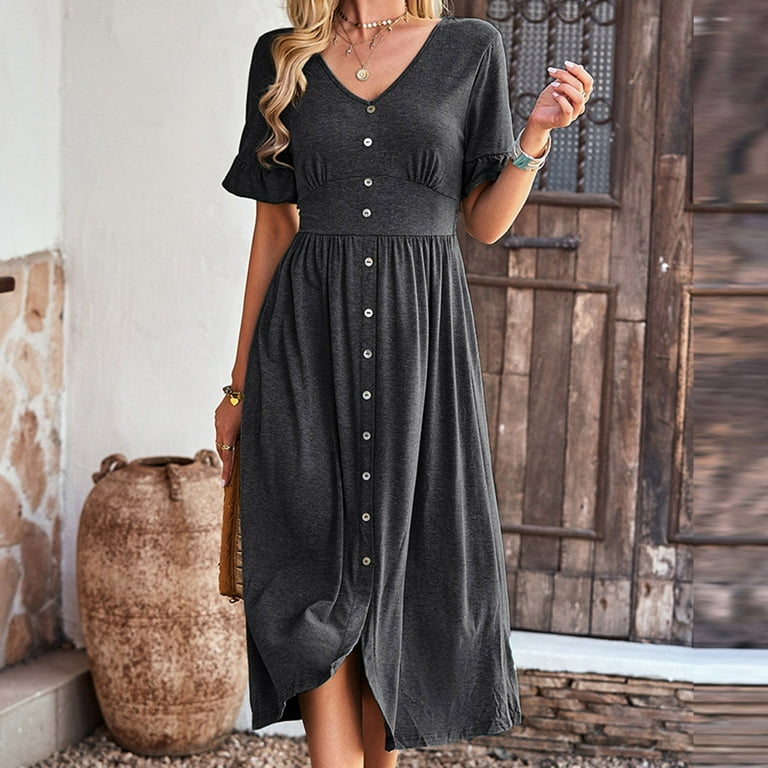Wycnly Formal Dresses for Women Empire Waist Button Down Swing A Line Beach  Dress V-Neck Short Sleeve Solid Summer Long Dresses Dark Gray XL Clearance