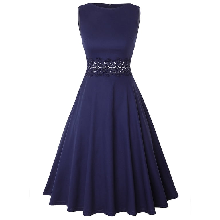 Wycnly Formal Dresses for Women Evening Party Prom Empire Waist Pleated Swing Formal Midi Dress Round Neck Sleeveless Solid 2024 Summer Knee-Length