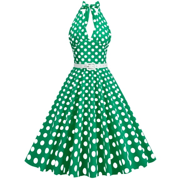 Wycnly Formal Dresses for Women Evening Party Prom Vintage 1950S Pleated Swing Strap Dresses with Belt Sleeveless Halter Dot Print 2024 Summer Midi Dress Green s