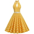 thumbnail image 1 of Wycnly Formal Dresses for Women Evening Party Prom Vintage 1950S Pleated Swing Strap Dresses with Belt Sleeveless Halter Dot Print 2024 Summer Midi Dress Yellow XXL, 1 of 6