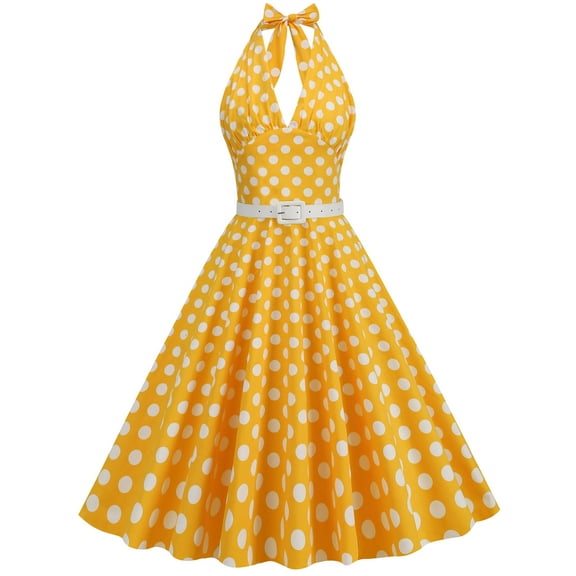 Wycnly Formal Dresses for Women Evening Party Prom Vintage 1950S Pleated Swing Strap Dresses with Belt Sleeveless Halter Dot Print 2025 Summer Midi Dress Yellow XL