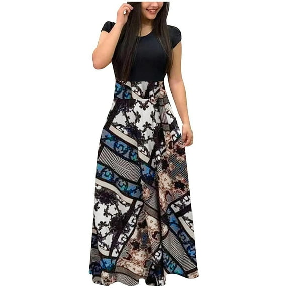 Wycnly Formal Dresses for Women Evening Party Vintage Empire Waist A Line Swing Maxi Dresses Crewneck Short Sleeve Ethnic Style Print 2024 Summer Long Dress Gray l