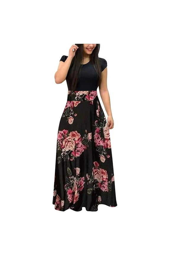 Formal Dresses for Women Evening Party Vintage Empire Waist A Line Swing Maxi Dresses Crewneck Short Sleeve Ethnic Style Print 2025 Summer Long Dress Black m