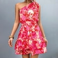 thumbnail image 1 of Wycnly Formal Dresses for Women Fashion Elastic Waist Ruffle Layer Hem One Shoulder Mini Dresses Sleeveless Slash Neck Floral Print 2024 Summer Short Dress Hot Pink s, 1 of 7