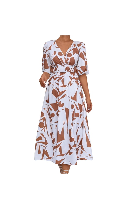 Formal Dresses for Women Fashion Empire Waist Flowy Swing Tunic A Line Dresses V-Neck Short Sleeve Geometric Print 2024 Summer Midi Dress Orange m