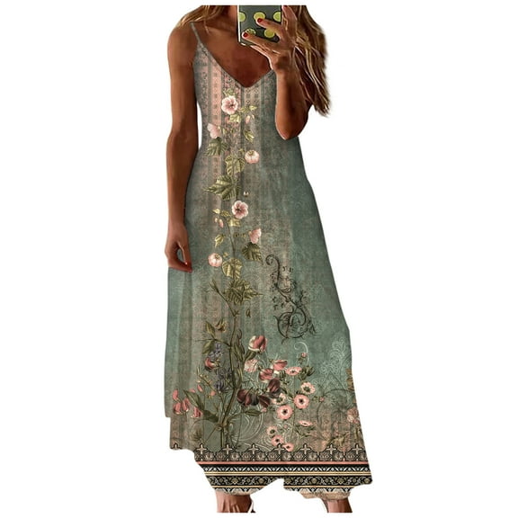 Wycnly Formal Dresses for Women Fashion High Waist Swing Tunic Cami Long Sundress for Beach Vacation V-Neck Sleeveless Floral Print 2025 Summer Maxi Dress Green s