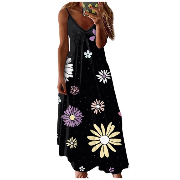 Wycnly Formal Dresses for Women Fashion High Waist Swing Tunic Strap Maxi Sundress for Beach V-Neck Sleeveless Daisy Print 2025 Summer Long Dress Black XXL