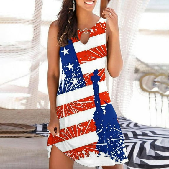 Wycnly Formal Dresses for Women Fashion Keyhole Independence Day Patriotic Tunic Tank Dresses Sleeveless Round Neck American Flag Print 2024 Summer Mini Dress Red XL