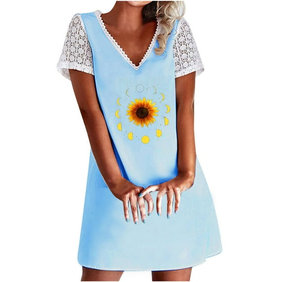 Wycnly Formal Dresses for Women Fashion Lace Trim Swing Tunic Tshirt Sun Dress V-Neck Short Sleeve Sunflower Print 2024 Summer Mini Dresses Blue s Clearance Under $5