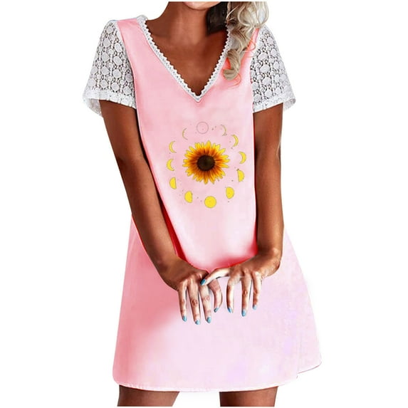 Wycnly Formal Dresses for Women Fashion Lace Trim Swing Tunic Tshirt Sun Dress V-Neck Short Sleeve Sunflower Print 2024 Summer Mini Dresses Pink s Clearance Clothes