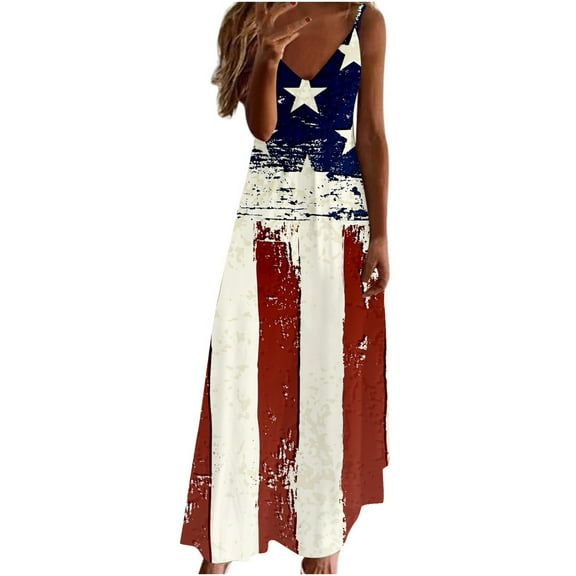 Wycnly Formal Dresses for Women Fashion Loose High Waist Swing Spaghetti Strap Independence Day Maxi Dresses V-Neck Sleeveless Star Striped Print 2024 Summer Long Dress Black XL
