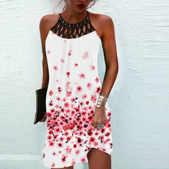 Wycnly Formal Dresses for Women Fashion Plus Size Hollow out off Shoulder Strap Sundresses Sleeveless Halter Marbled Print 2024 Summer Mini Dress Pink l