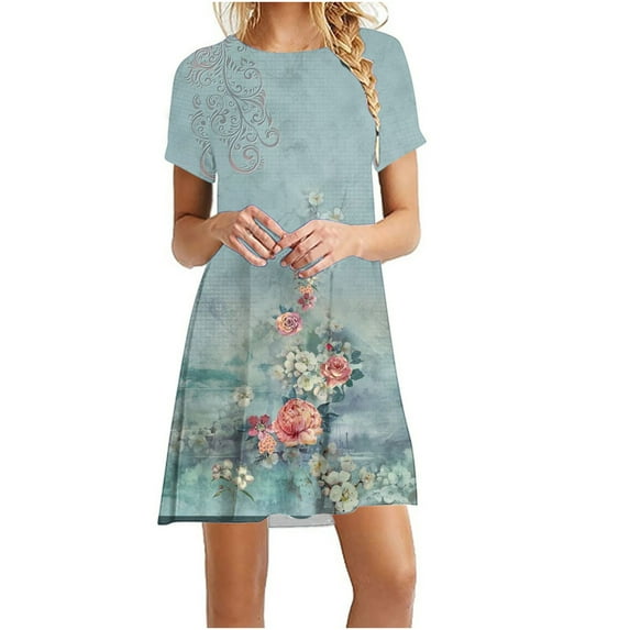 Wycnly Formal Dresses for Women Fashion Plus Size Swing Tunic Tshirt Short Dresses Short Sleeve Round Neck Floral Print 2025 Summer Mini Dress Sky Blue XXXL